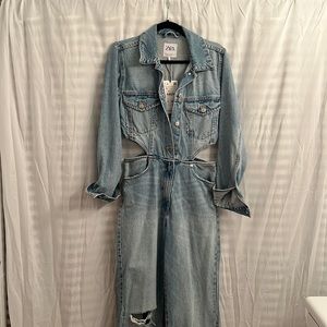 Zara Full Length Long Sleeved Denim Jumpsuit